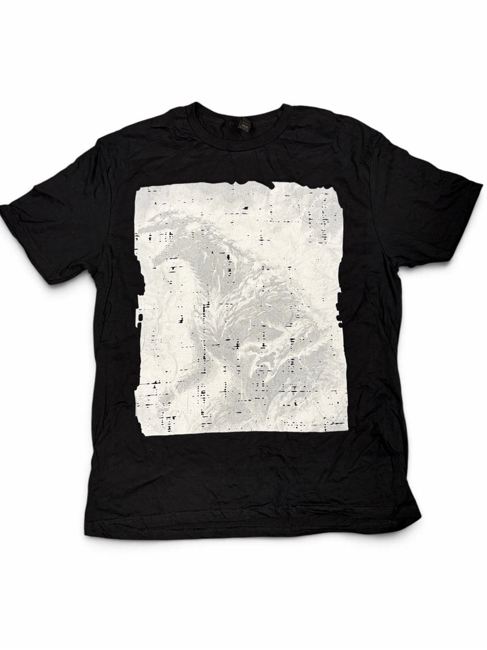 Gildan Black Short Sleeve Tee with White Godzilla Distressed Square Graphic